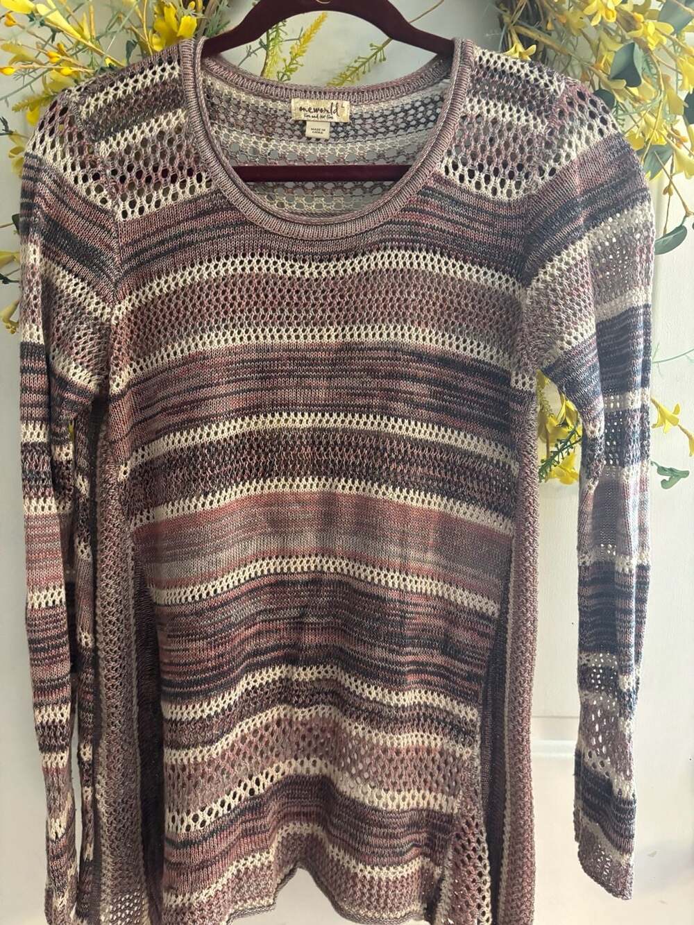 One World Live and Let Live Multicolor Striped Open Knit Long Sleeve Sweater - Picture 2 of 4